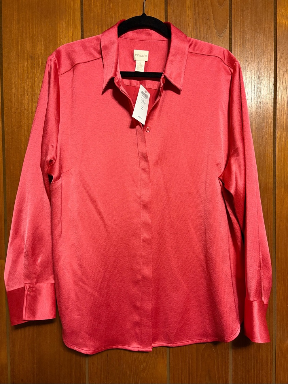 NWT Chico's Coral Satin Long-Sleeve Button-Front Blouse